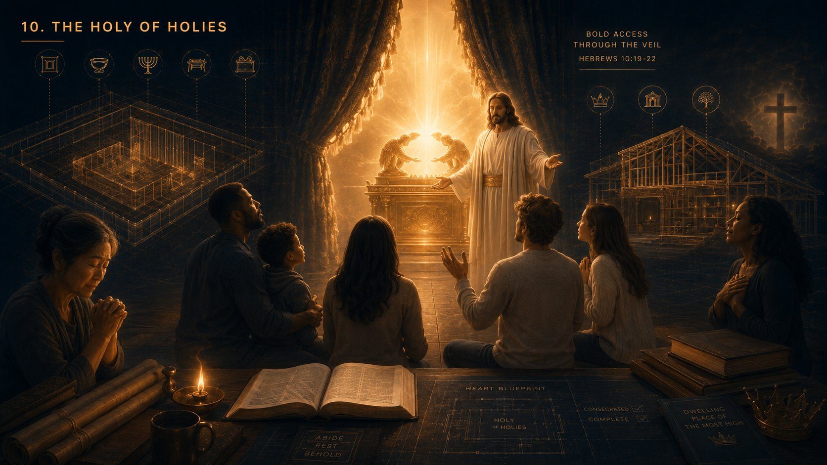Jesus welcoming worshipers into the Holy of Holies through the torn veil