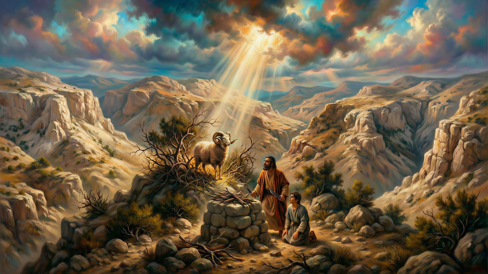 Abraham stands beside a stone altar as Isaac kneels next to him and a ram appears caught in a thicket, with rays of light breaking through the clouds over the rocky hills of Moriah