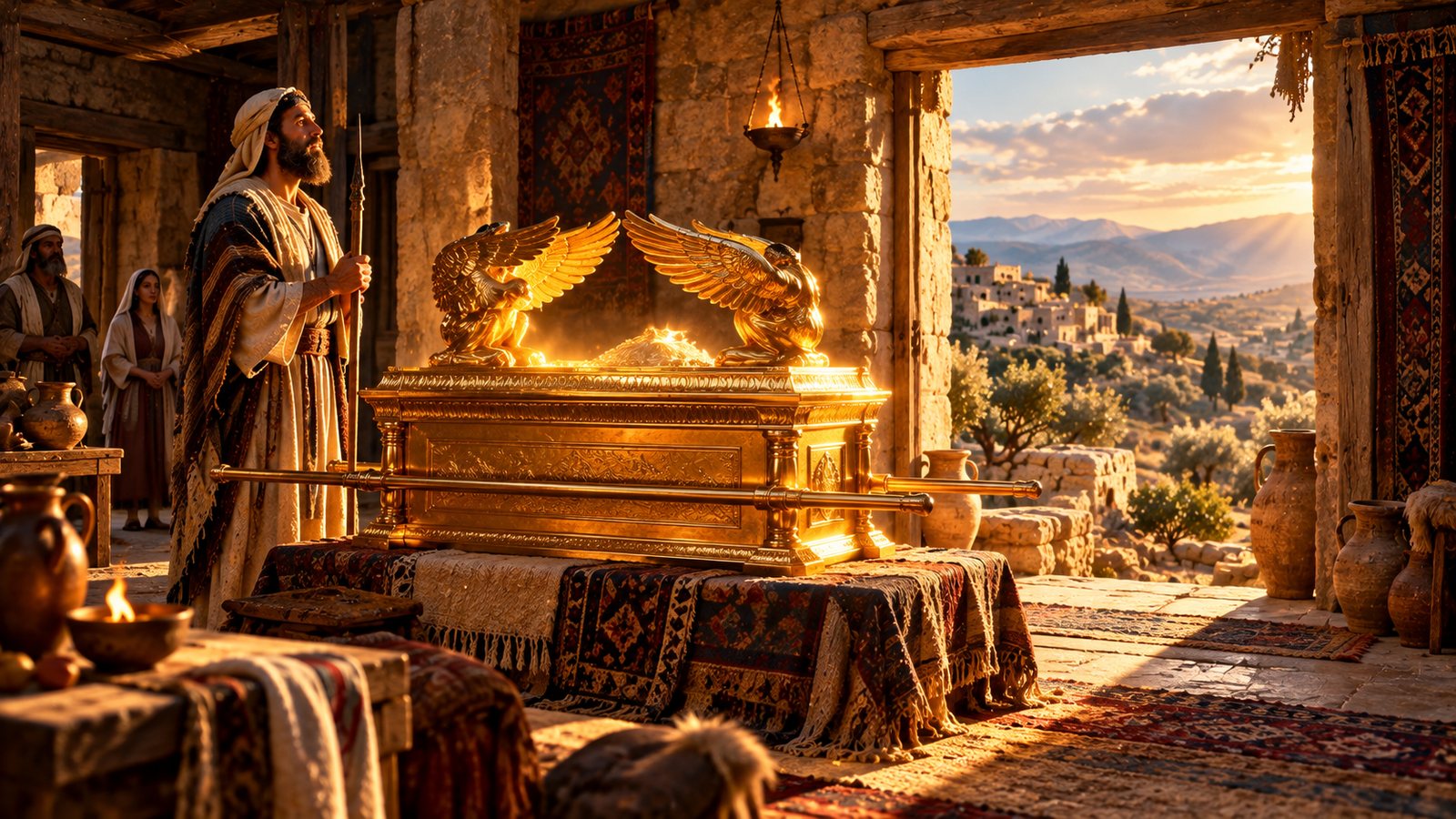 The golden Ark of the Covenant with two winged cherubim rests on a carpeted platform inside Abinadab's house on the hill at Kiriath-jearim, while a bearded man holding a staff stands beside it and villagers look on, with hills and a village in the sunlit distance