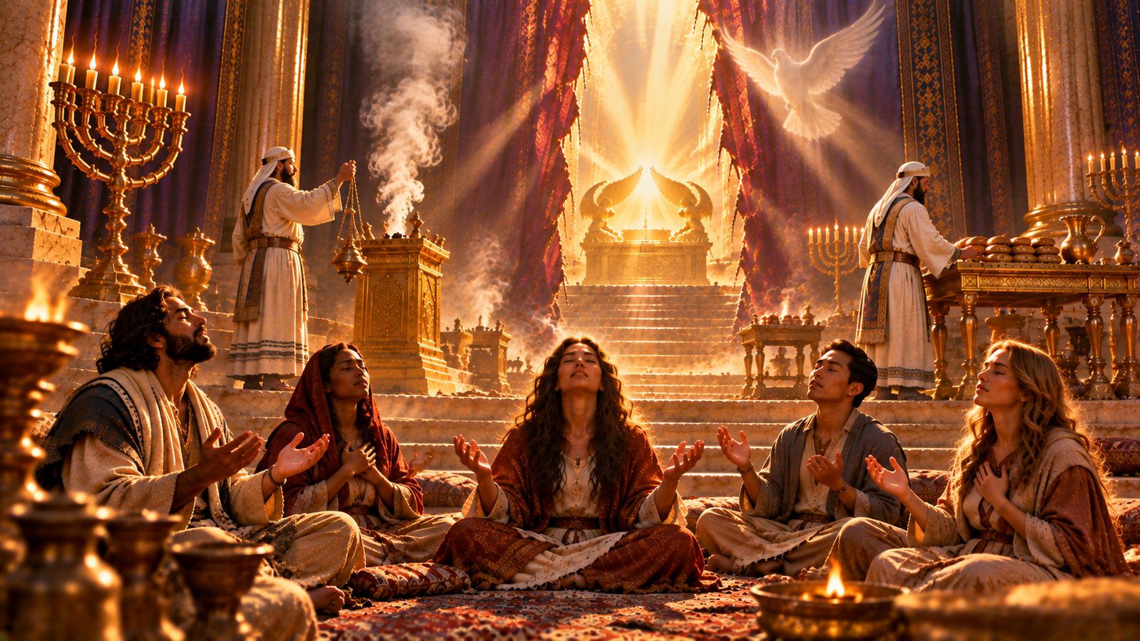 Jewish and Gentile believers worship together as a royal priesthood, with the Holy Spirit descending as a dove before the lampstand and the Ark of the Covenant