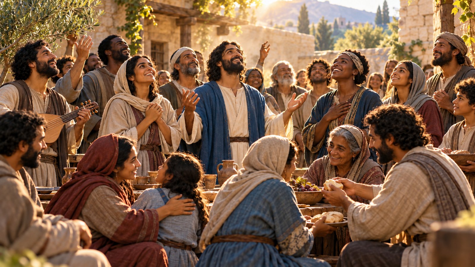 Middle Eastern and Gentile believers pray, share bread, and care for one another in a courtyard