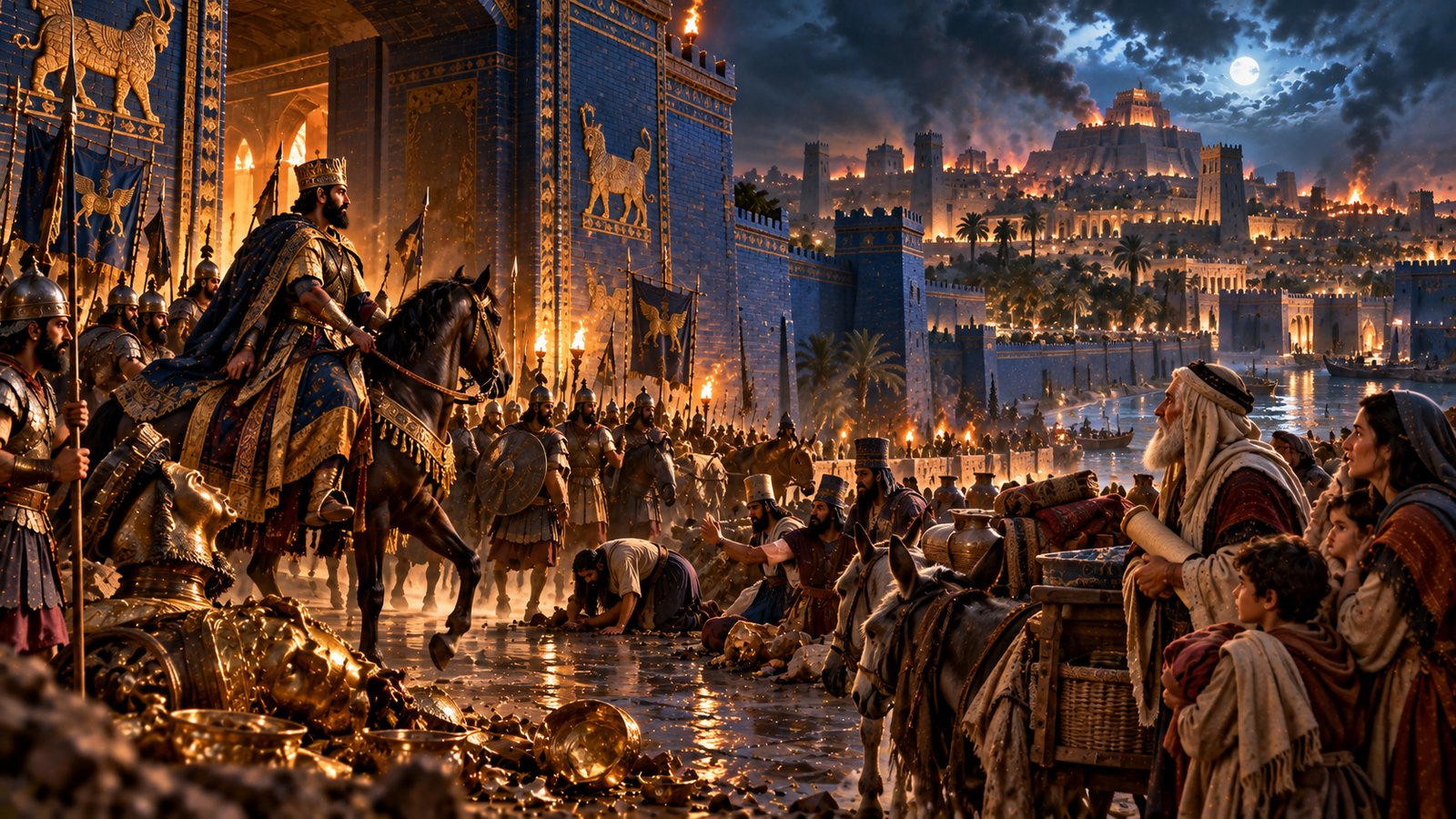 Cyrus in a crowned helmet and blue-and-gold cloak rides a dark horse at the blue glazed gate of Babylon with lion and dragon reliefs as torch-bearing soldiers stand ready, with golden vessels and a fallen idol in the foreground and Judean families with pack donkeys and a scroll watching beneath a moonlit, burning skyline