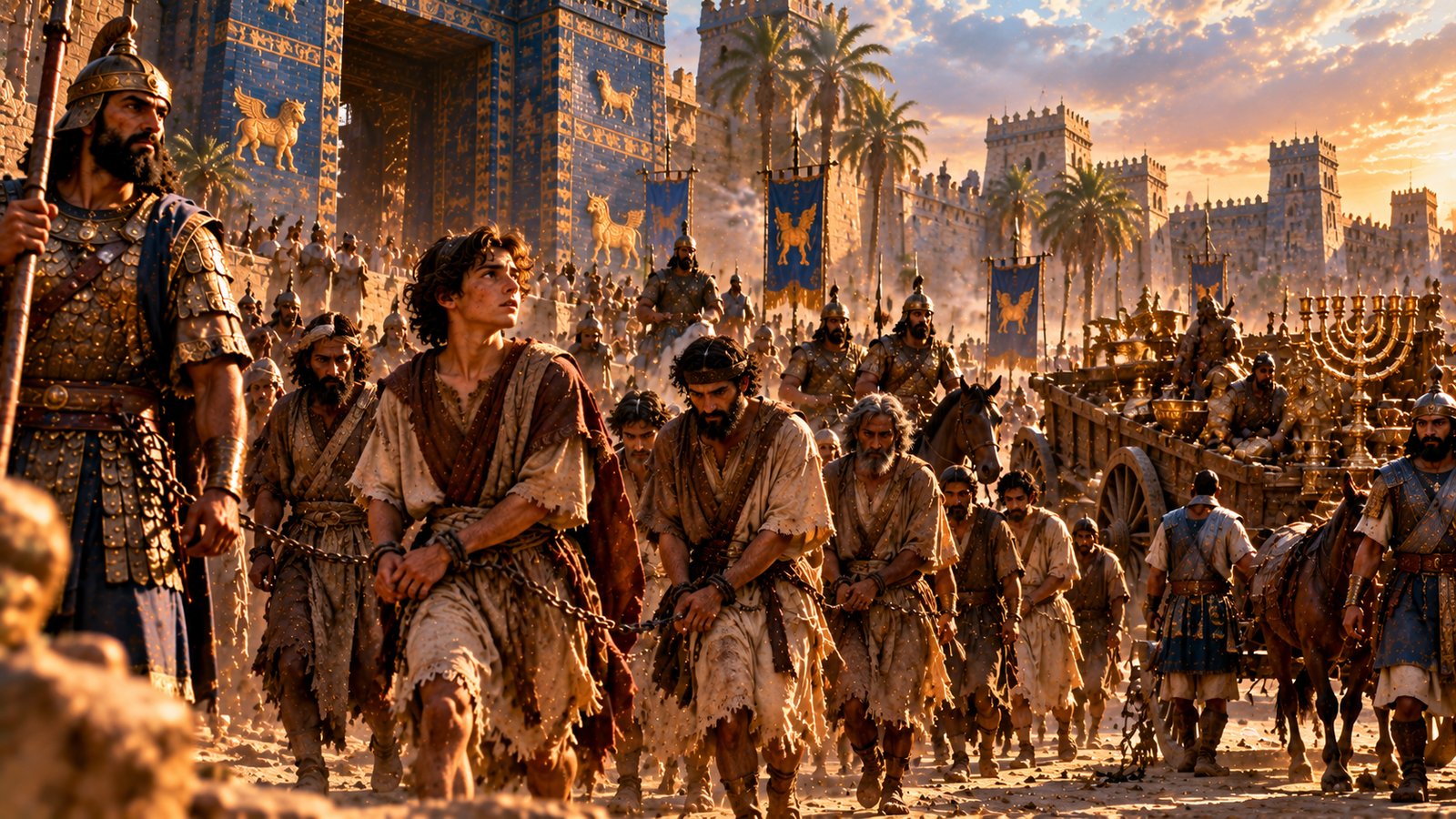 A young Judean captive in a torn tunic and chains looks upward as armored Babylonian guards lead a column of deported Judeans past the blue glazed city gate with golden lions and dragons, while a cart behind carries Temple vessels including a golden lampstand