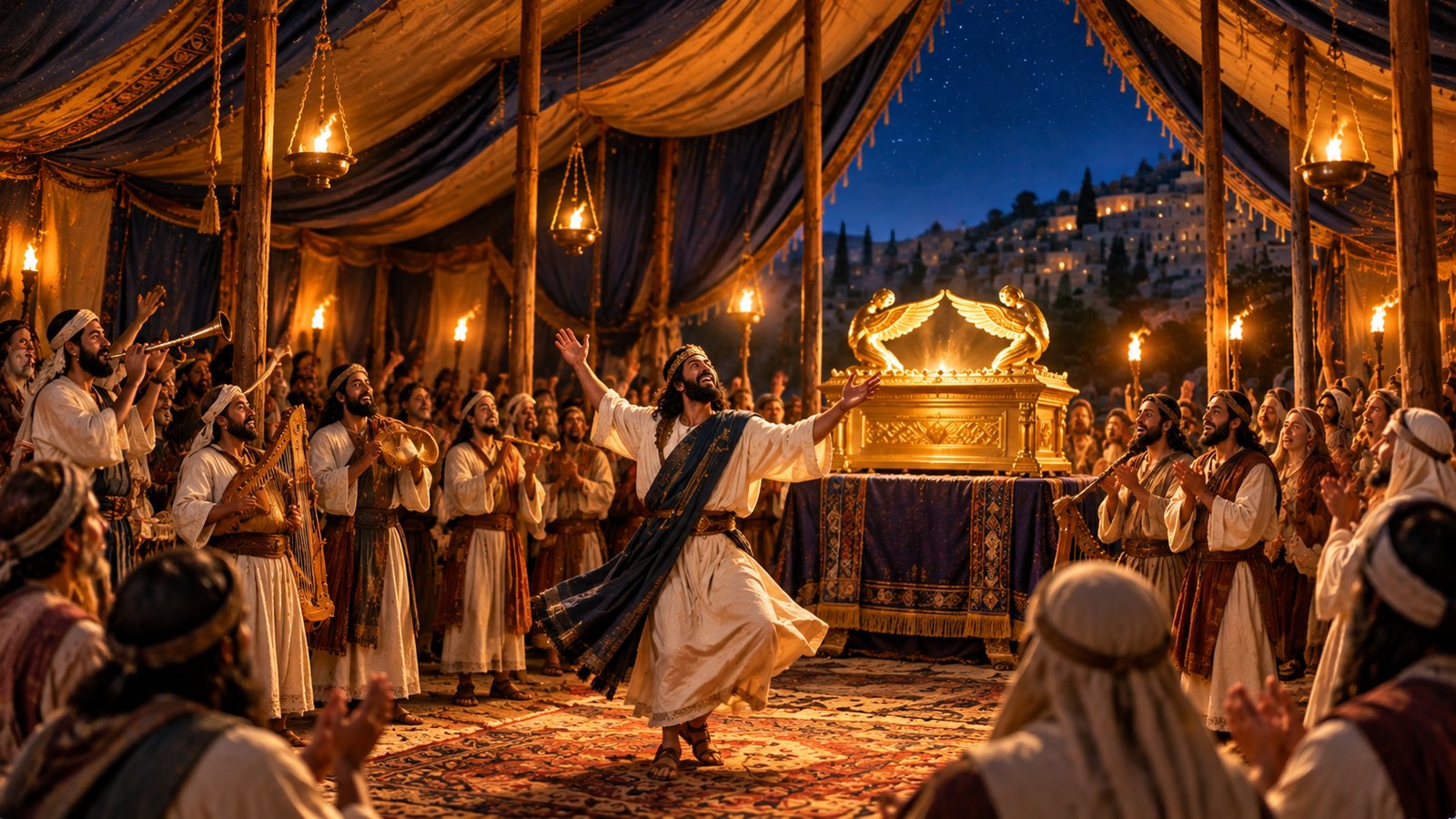 David in a white robe and blue sash dances with raised arms before the golden Ark of the Covenant inside a lamplit tent at night, surrounded by Levites playing harps and trumpets and by cheering families, with the lights of Jerusalem's hillside behind