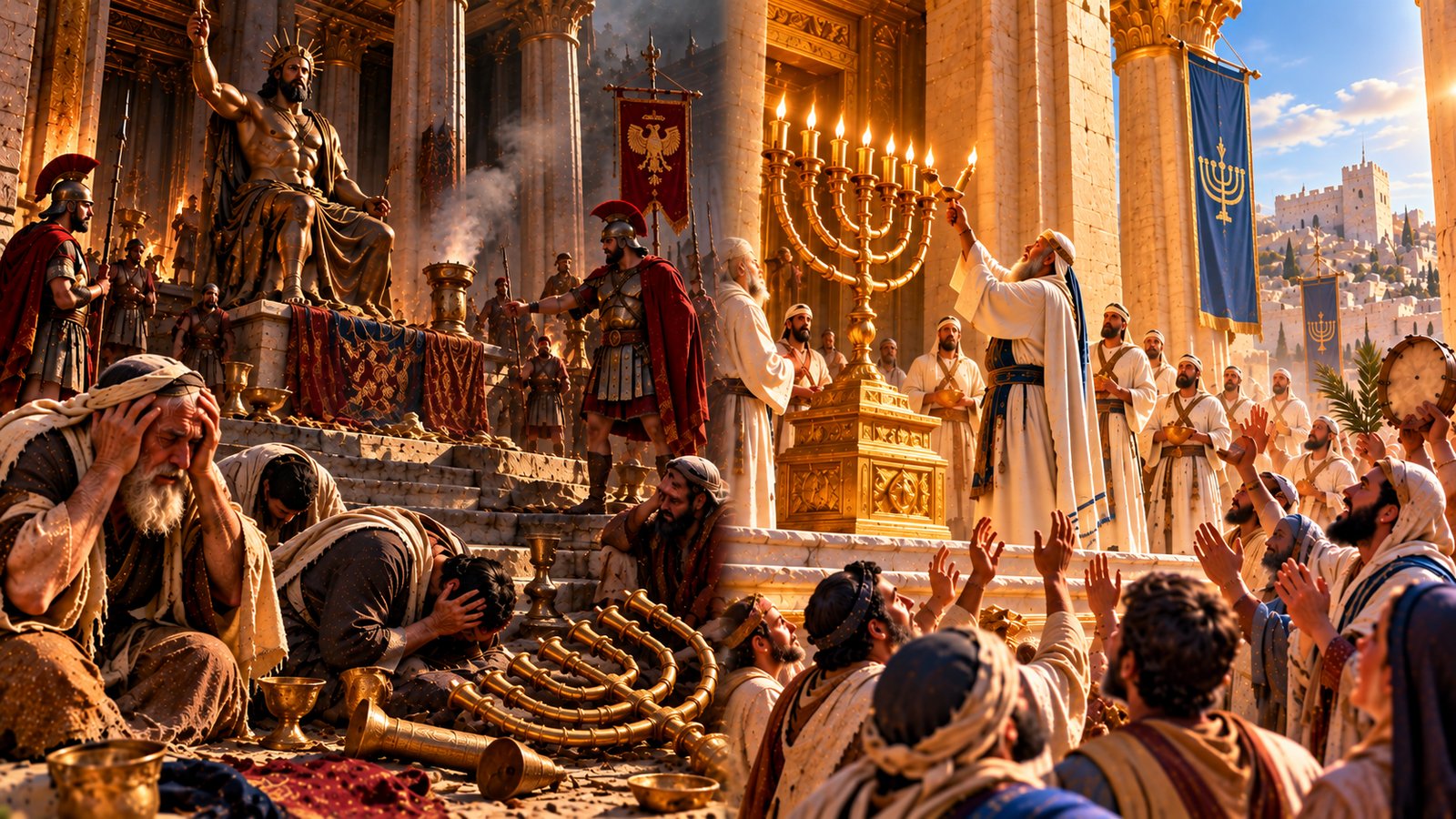 A split scene: on the left a statue of a seated king and armored soldiers at a defiled altar while elderly Jewish men weep with hands over their faces beside a toppled lampstand, and on the right a priest lights a golden lampstand beside a blue banner as joyful worshipers raise their hands and tambourines before Jerusalem's walls