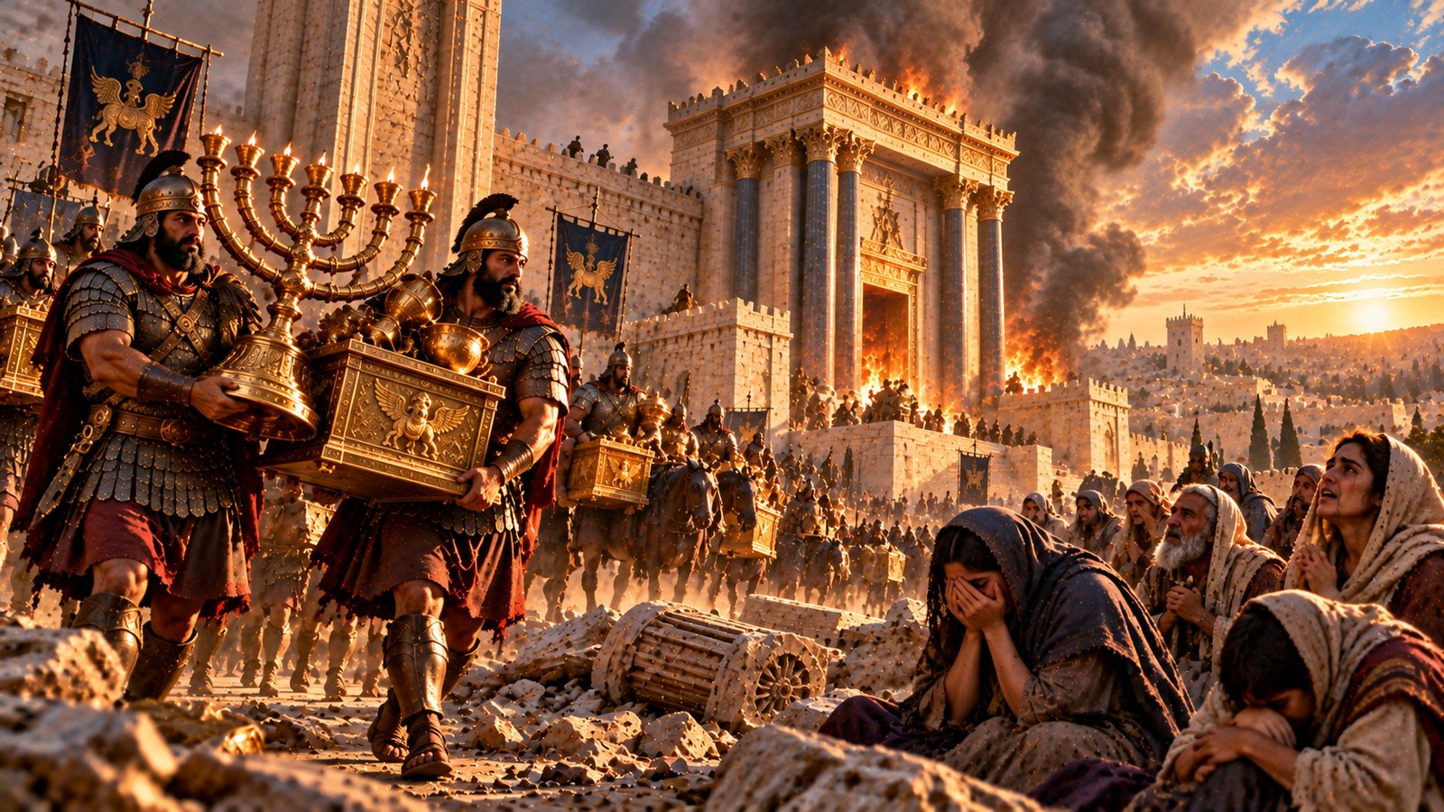 Armored Babylonian soldiers carry a golden lampstand, an ornate gold chest, and plundered vessels past a toppled column as smoke and flames rise from the Temple, while grieving women and elders weep among the rubble in the foreground