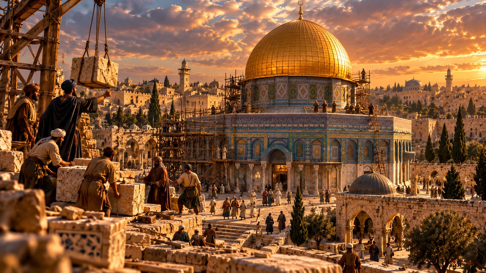 Workers and scaffolding surround the Dome of the Rock in an artistic construction scene