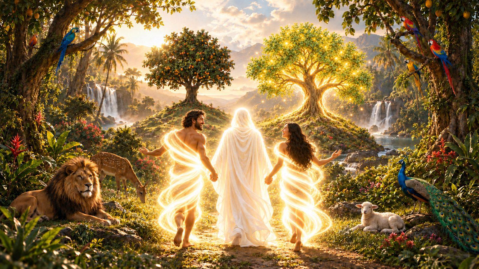 Adam and Eve walk hand in hand with the radiant presence of God through the Garden of Eden, among fruit trees, a glowing tree, waterfalls, and peaceful animals
