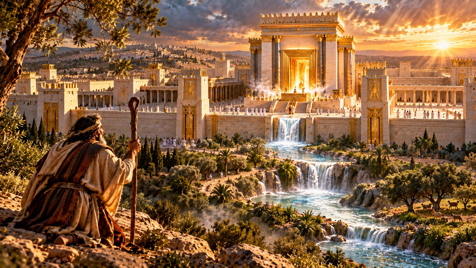 Ezekiel kneels on a rocky hillside with a staff, looking across an olive-lined river of cascading waterfalls toward a glowing, golden-gated Temple complex with white-robed worshipers and a sunburst sky over the city