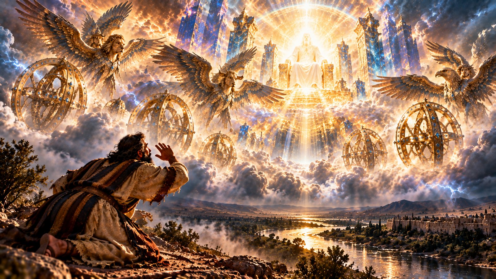 Ezekiel kneels on a hillside beside a river, shielding his eyes before a blazing vision in the clouds of winged living creatures with lion, ox, and eagle faces, gem-studded wheels, and a radiant enthroned figure ringed by a rainbow of light