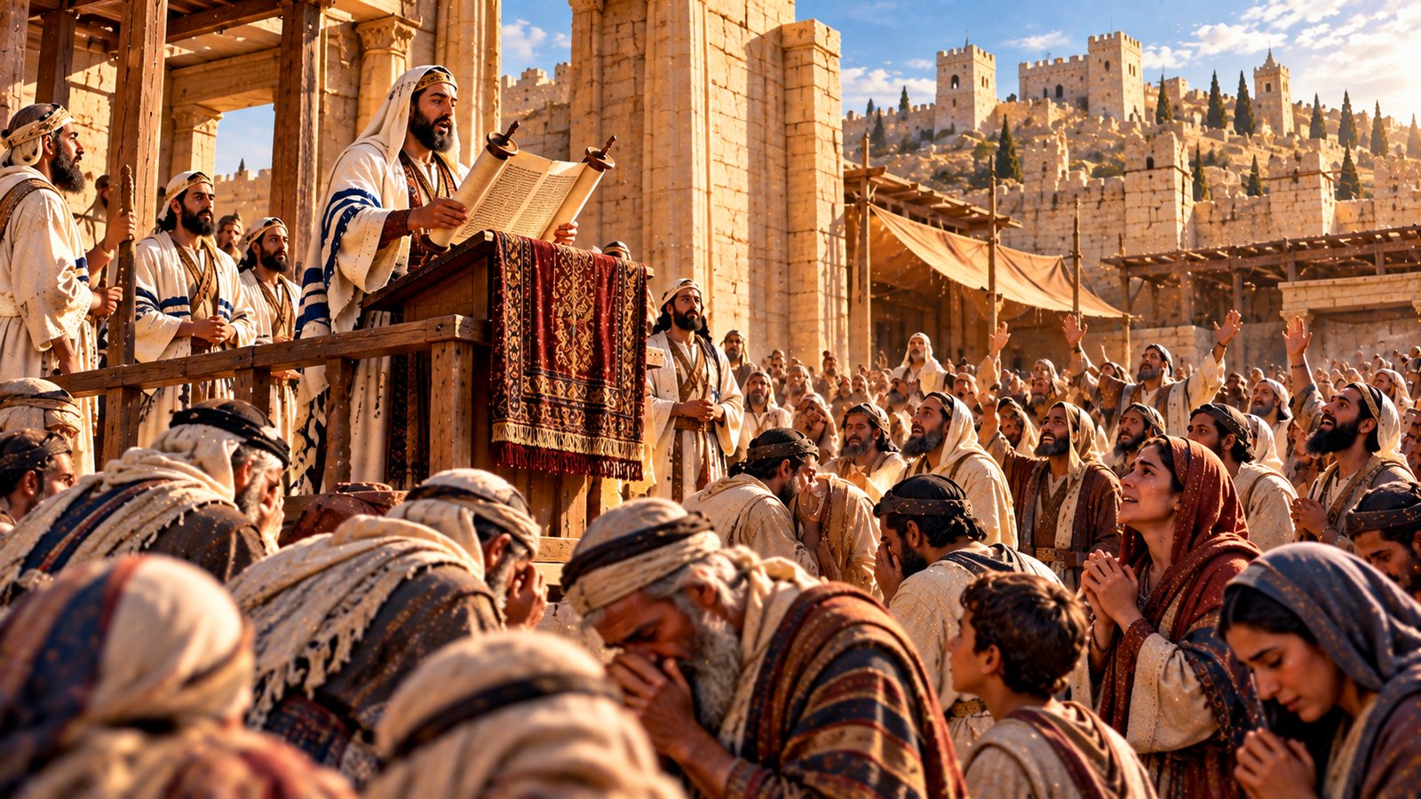 A robed scribe on a raised wooden platform holds an open scroll before a crowd, with Levites standing beside him and a carpet-draped lectern, while people in the foreground weep and pray and others lift their hands beneath Jerusalem's walls and towers