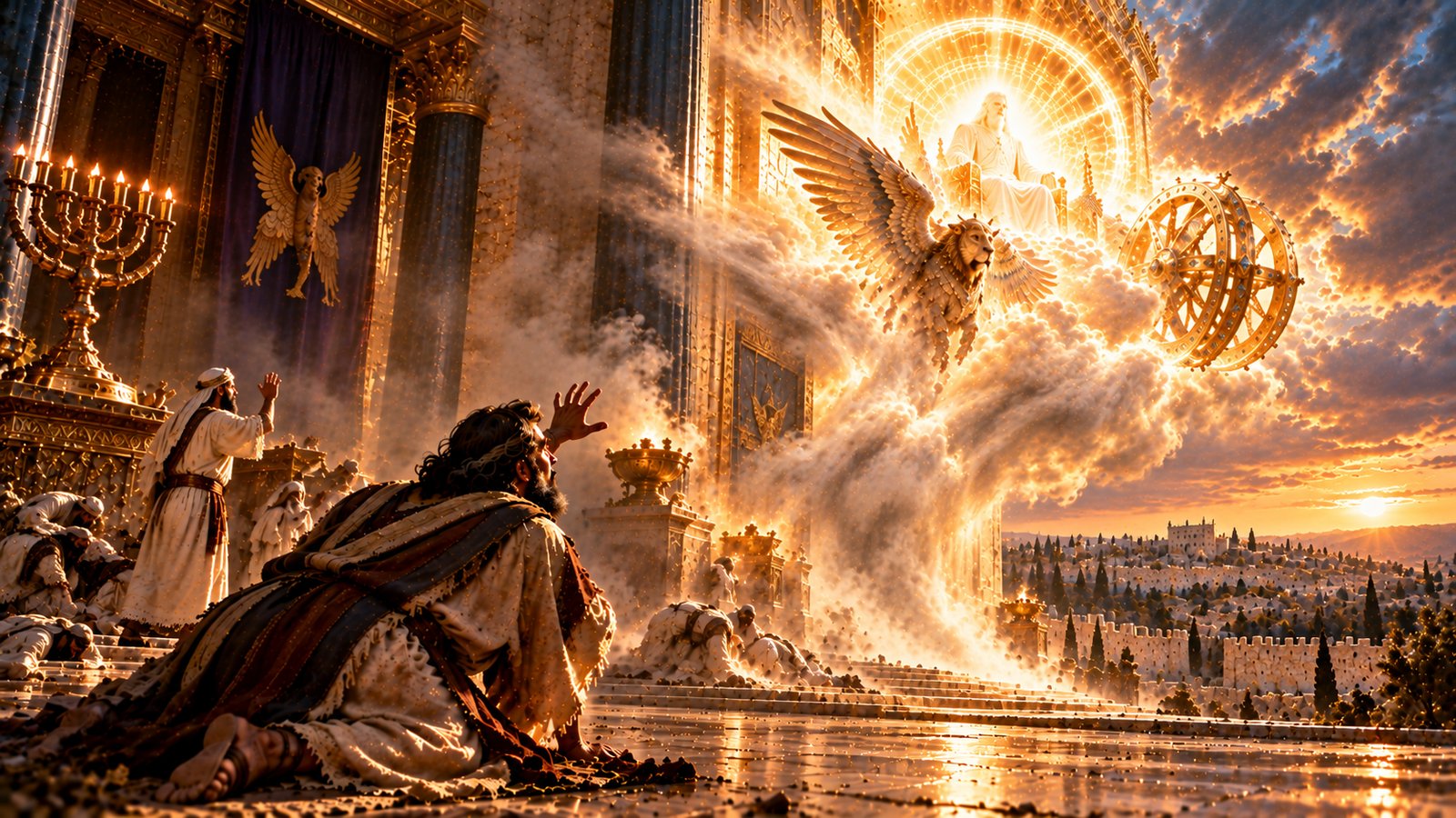 Ezekiel lies on a temple pavement with a hand raised as a winged lion-faced cherub, a jeweled wheel, and the radiant enthroned glory rise on a column of cloud and light away from the sanctuary, while priests pray beside the lampstand and Jerusalem's walls stand in the sunset