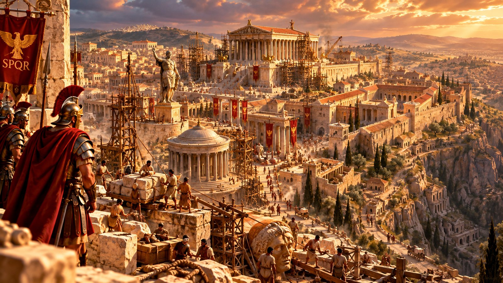 Roman soldiers overlook a reconstruction of Aelia Capitolina with pagan monuments and construction work