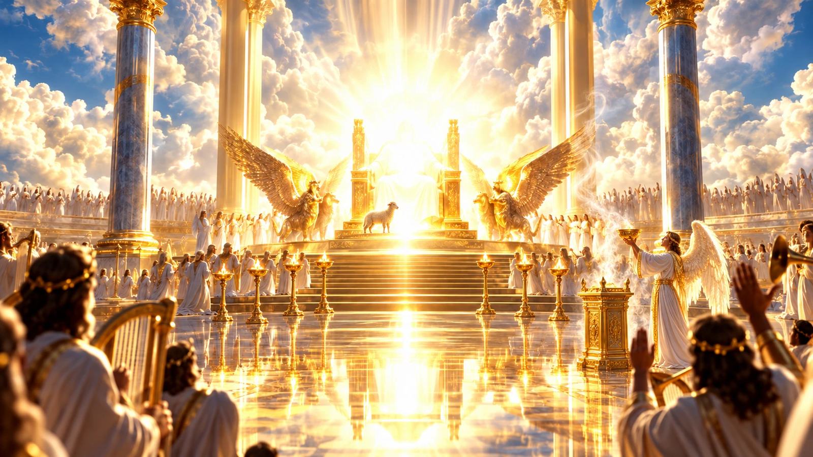 The heavenly throne room: the Lamb stands before the throne of God between winged cherubim, with golden lampstands, the golden altar of incense, an angel with a censer, and a multitude worshiping with harps and trumpets