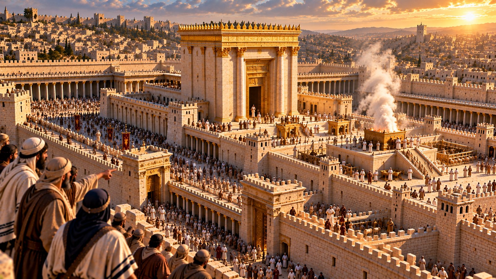 Artistic reconstruction of Herod’s Temple with worshipers, priests, and an altar in the courts
