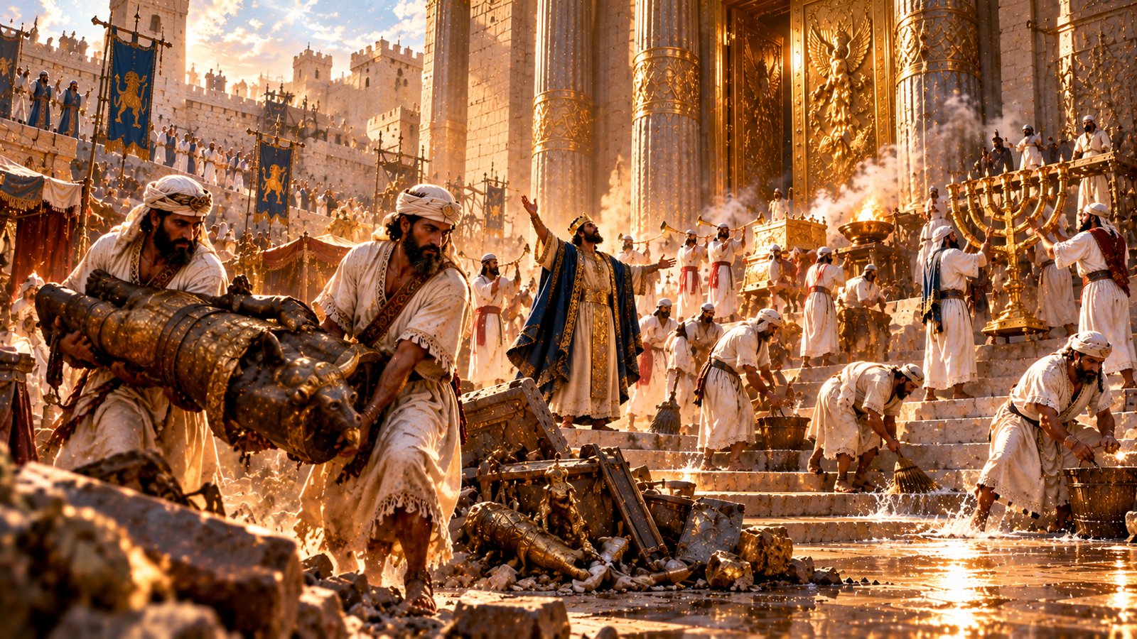 King Hezekiah in a blue and gold robe raises his arm on the Temple steps as priests carry out a heavy bronze idol, sweep and wash the stairs with buckets, and clear broken gold vessels, while others sound trumpets near the golden lampstand and altar before the Temple's golden doors