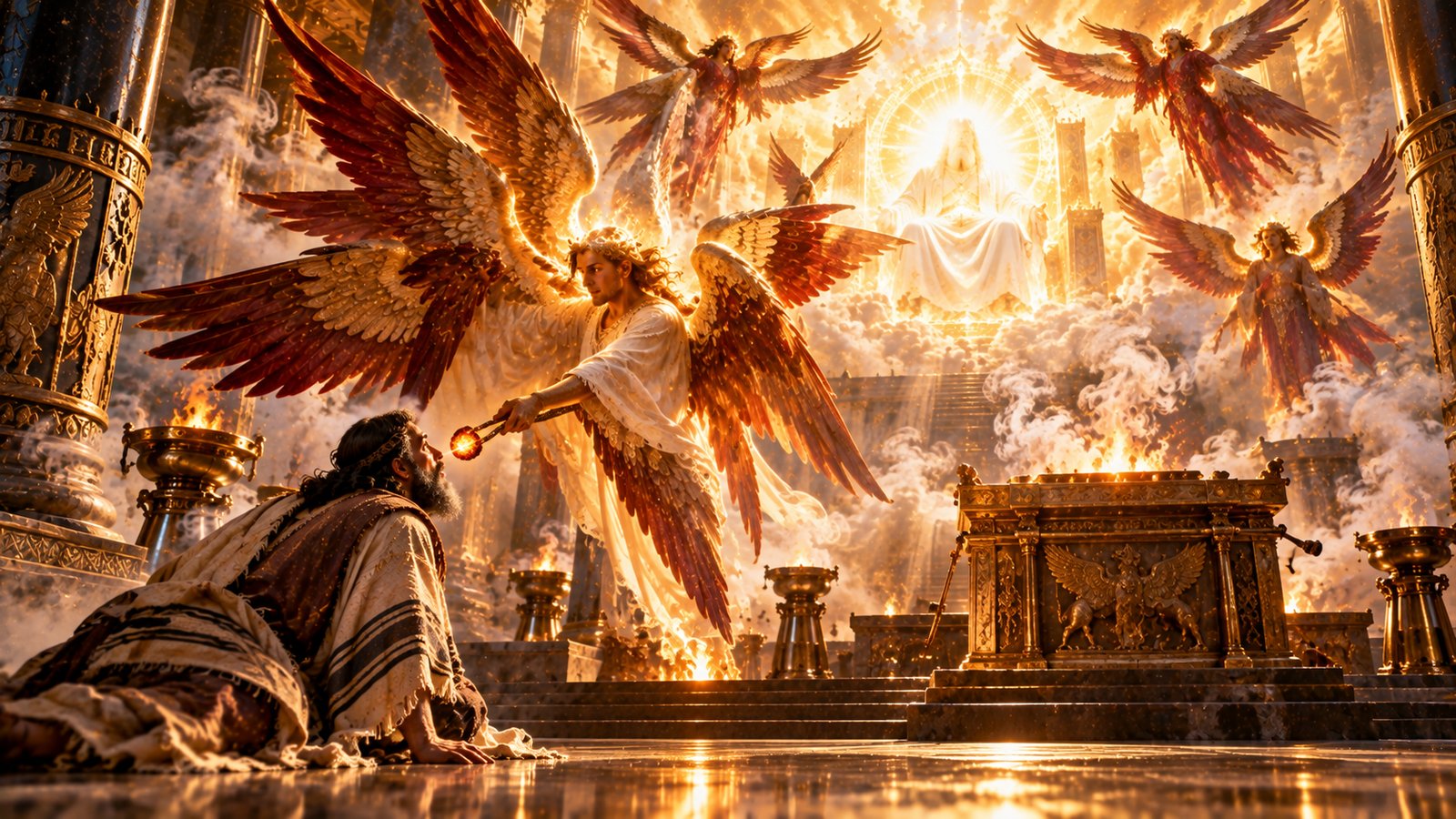 Isaiah kneels with bowed head on a polished floor as a six-winged seraph with fiery wings touches a glowing coal on tongs toward his lips, with more seraphim in swirling smoke and light above, the Lord enthroned in blazing glory behind, and a golden altar and burning bowls at right