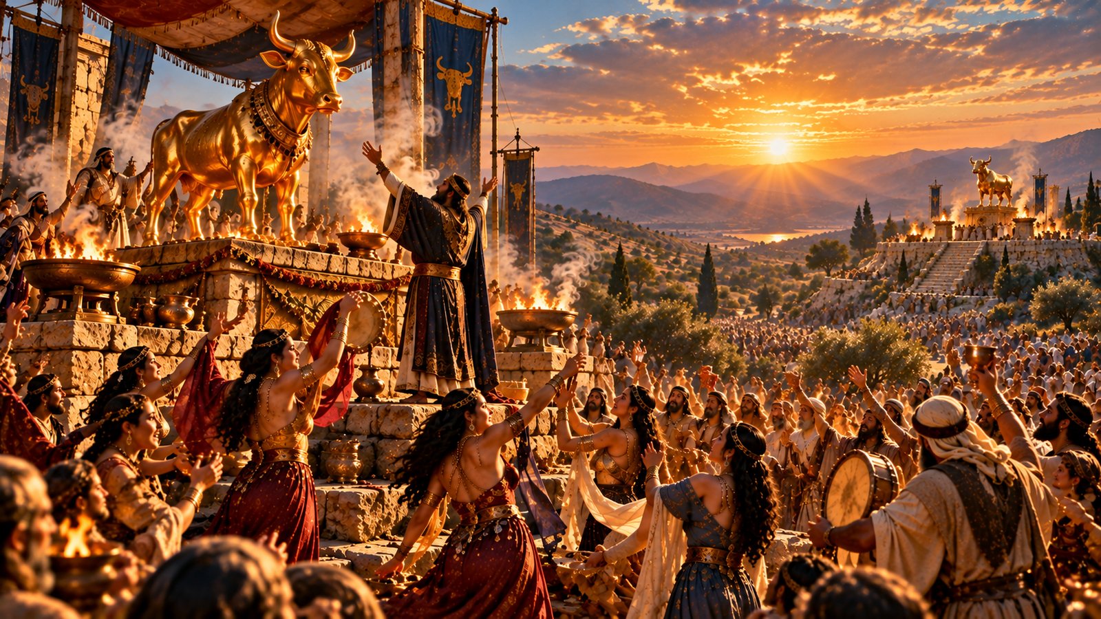A priest in a dark embroidered robe raises his hands before a large golden bull on a stone altar draped with a canopy and banners, as dancers with tambourines and a vast crowd worship amid fire bowls and smoke at sunset, with a second golden bull on a distant hilltop sanctuary