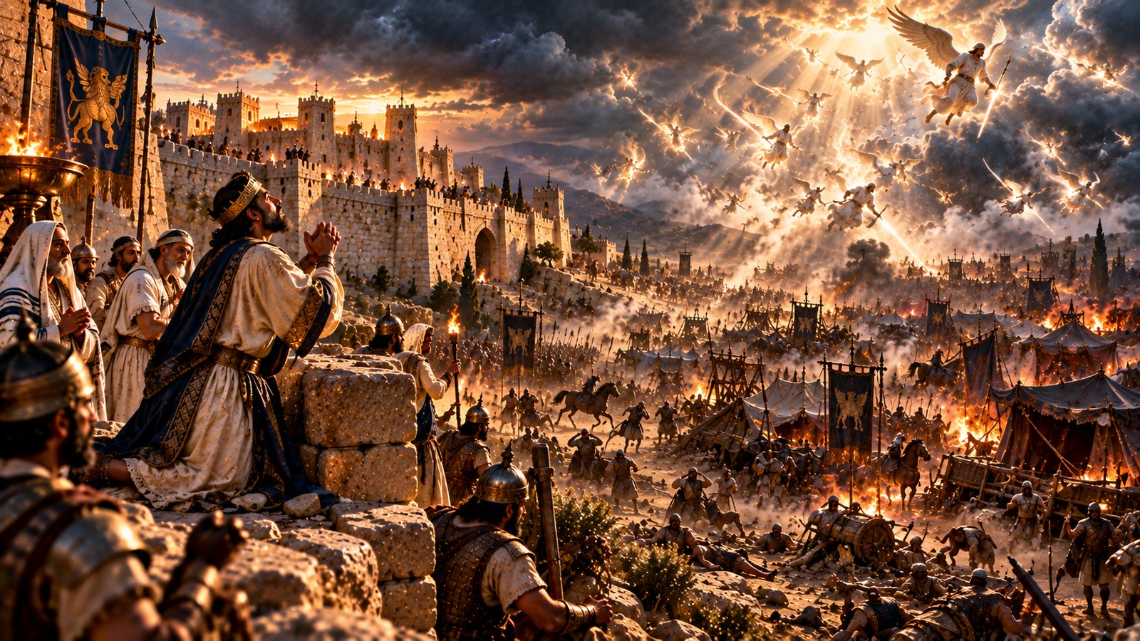 King Hezekiah kneels in prayer at a stone parapet on Jerusalem's wall with elders beside him, as radiant angels descend through storm clouds and shafts of light over the burning, fallen Assyrian camp spread across the valley below