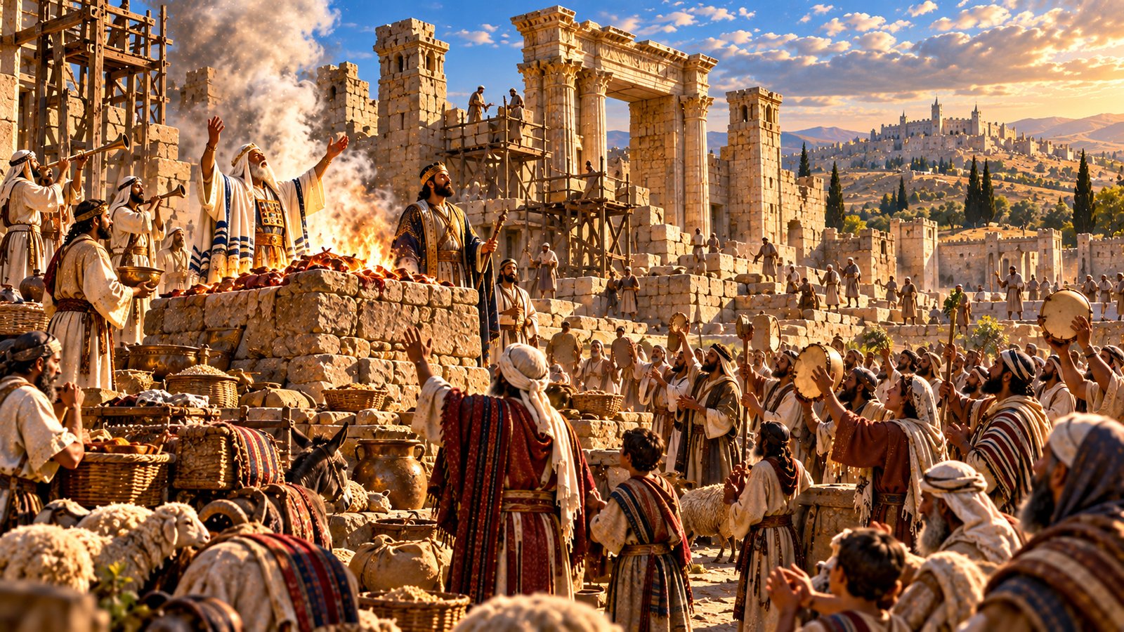 Priests in white and a leader in a blue-and-gold robe stand at a stone altar with flames and smoke, trumpeters beside them, as a crowd with baskets, jars, and sheep gathers among Jerusalem's ruined walls, scaffolding, and a broken gateway under a bright sky