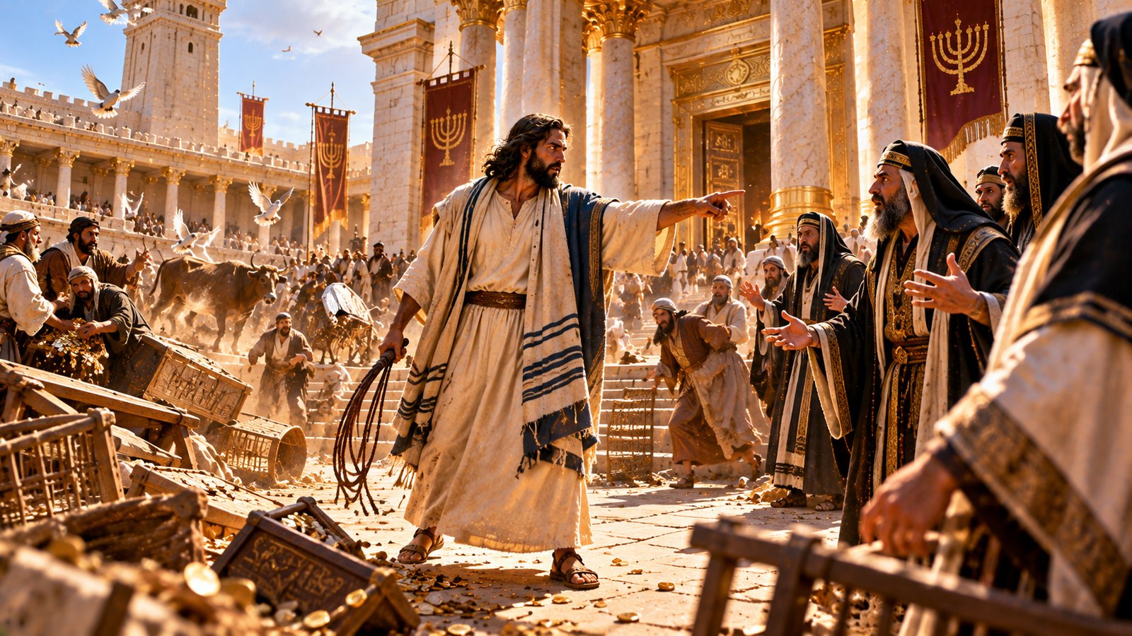Jesus confronts Temple leaders amid overturned tables in an artistic rendering of John 2