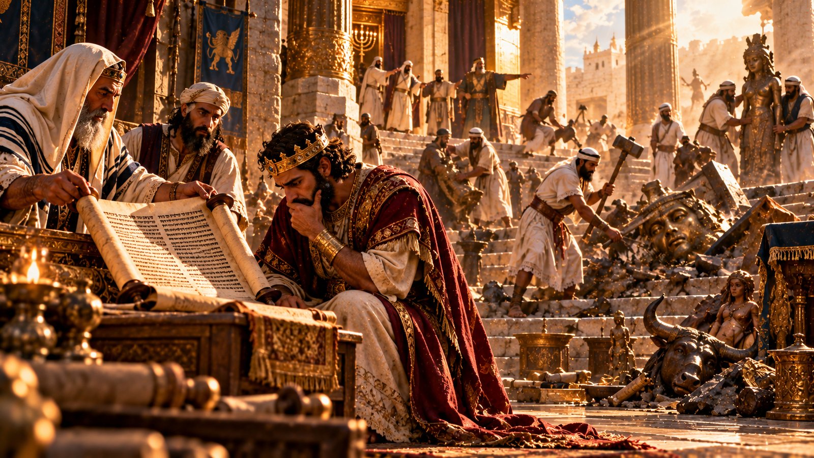 King Josiah in a crimson robe sits with his hand to his chin, grieving over an open scroll held by a white-robed priest, while men with hammers smash idols behind him, with a toppled statue head and a bronze bull on the Temple steps and the lampstand visible inside the Temple