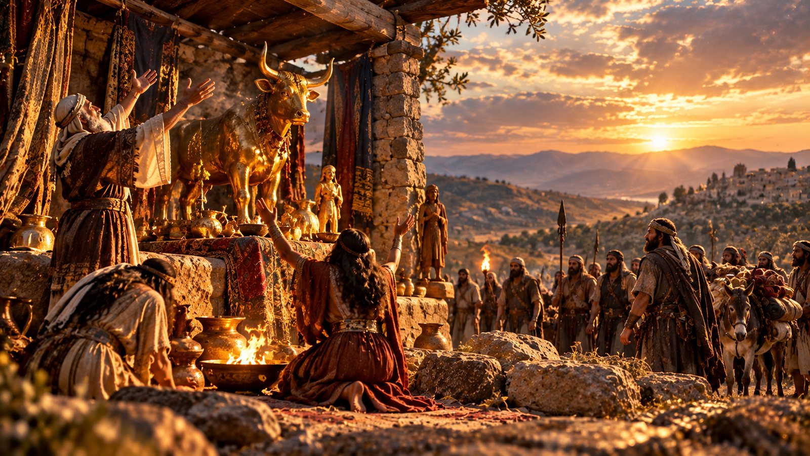 A kneeling woman raises her hands before a golden bull image on a household shrine as a priest lifts his arms beside it, while armed Danite men and loaded pack animals gather on a hillside at sunset