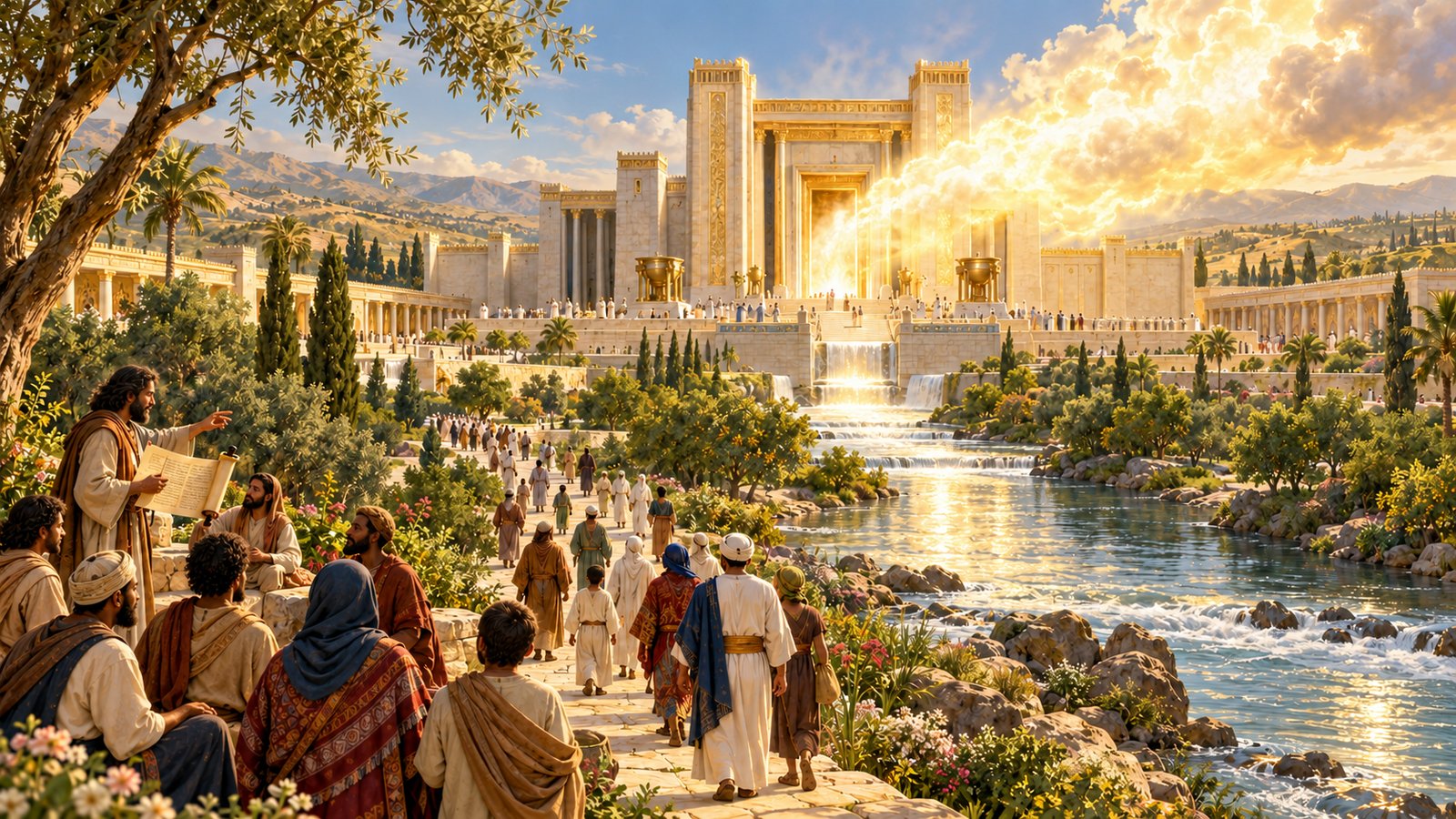 Divine glory approaches a visionary sanctuary while nations gather and a river flows into green land