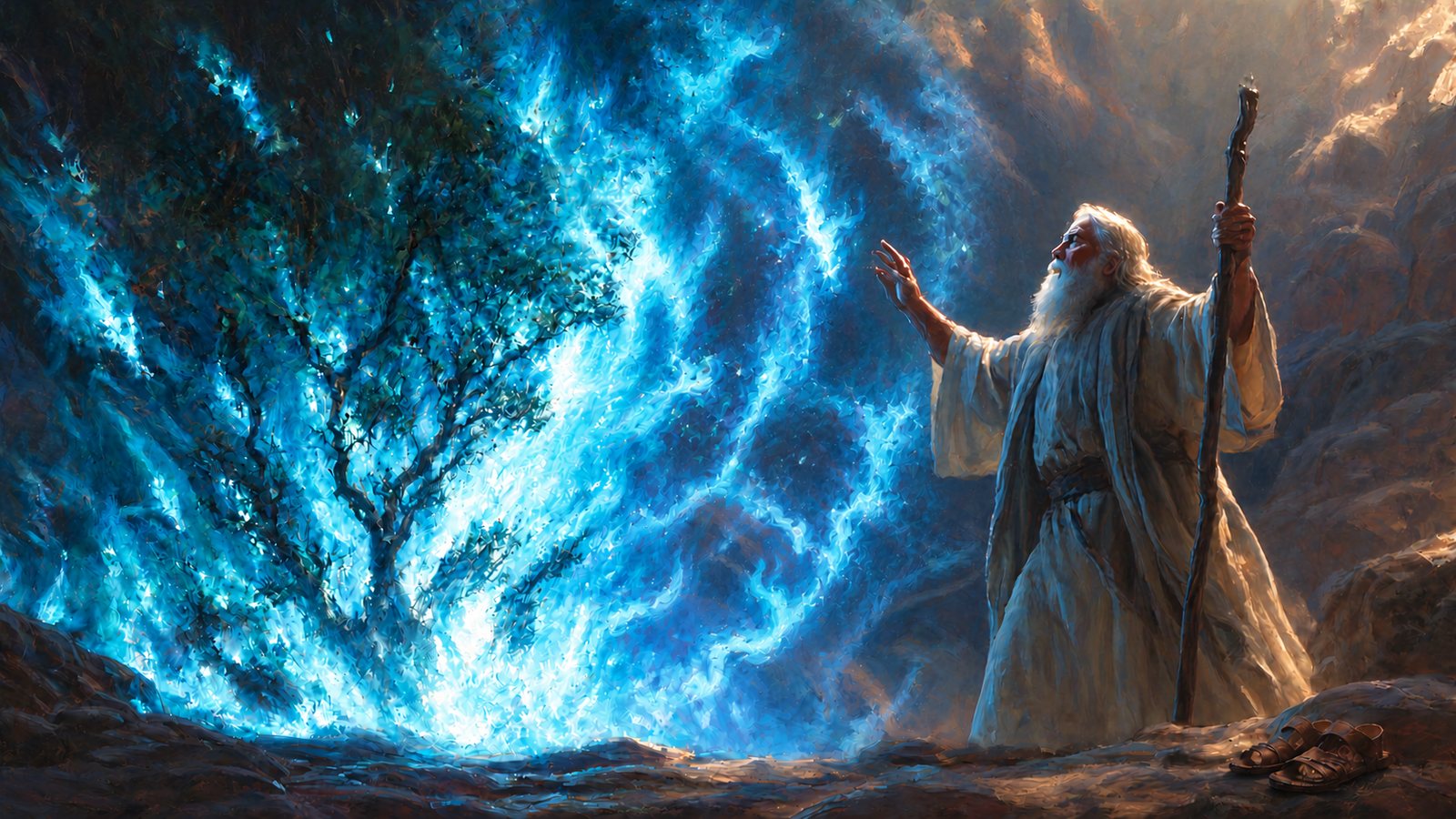 Moses stands before the blazing blue-white burning bush at Horeb, one hand raised and his shepherd's staff in the other, with his sandals resting on the rock at his feet