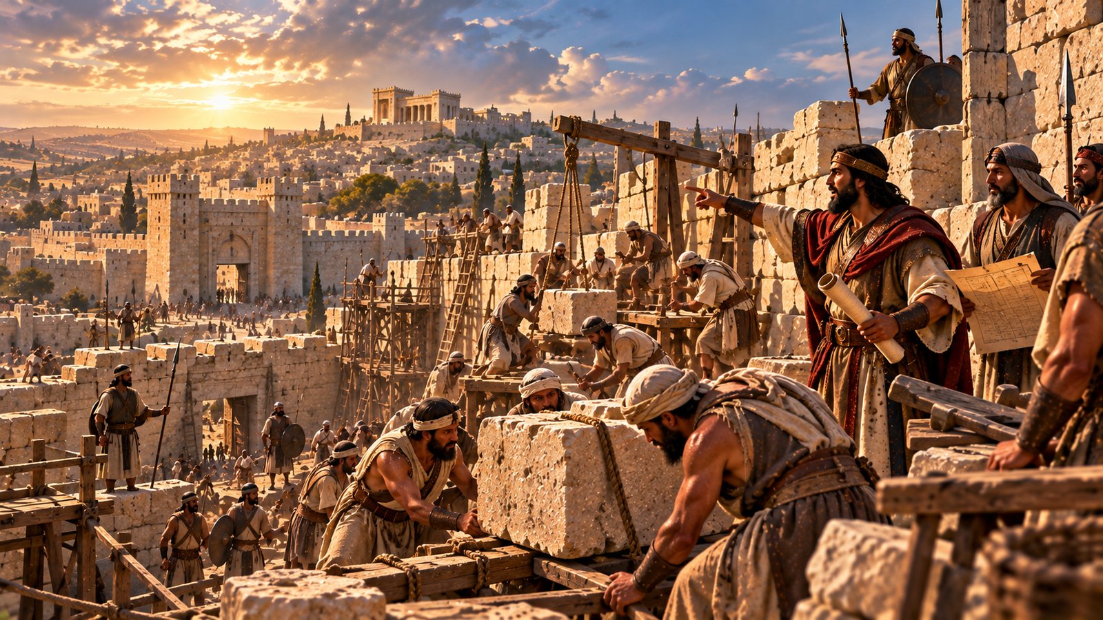 Nehemiah, in a red-trimmed robe holding a scroll, points as builders haul a large cut stone on wooden rollers and ropes along Jerusalem's wall, with scaffolding, ladders, armed guards with spears and shields, and the city and a distant colonnaded building in warm sunset light