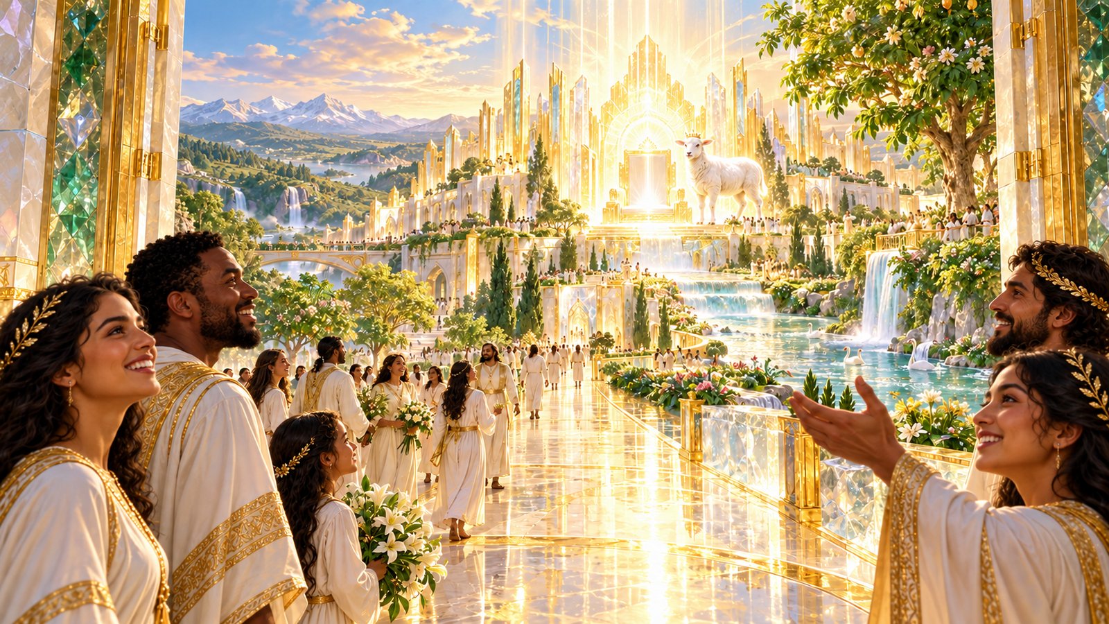 Redeemed people gather near the river of life and a radiant throne with the Lamb in the New Jerusalem