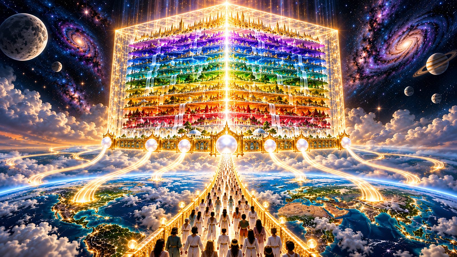 The New Jerusalem descends in its glory as a vast city of twelve gemstone realms while a multitude of God's people walk toward it