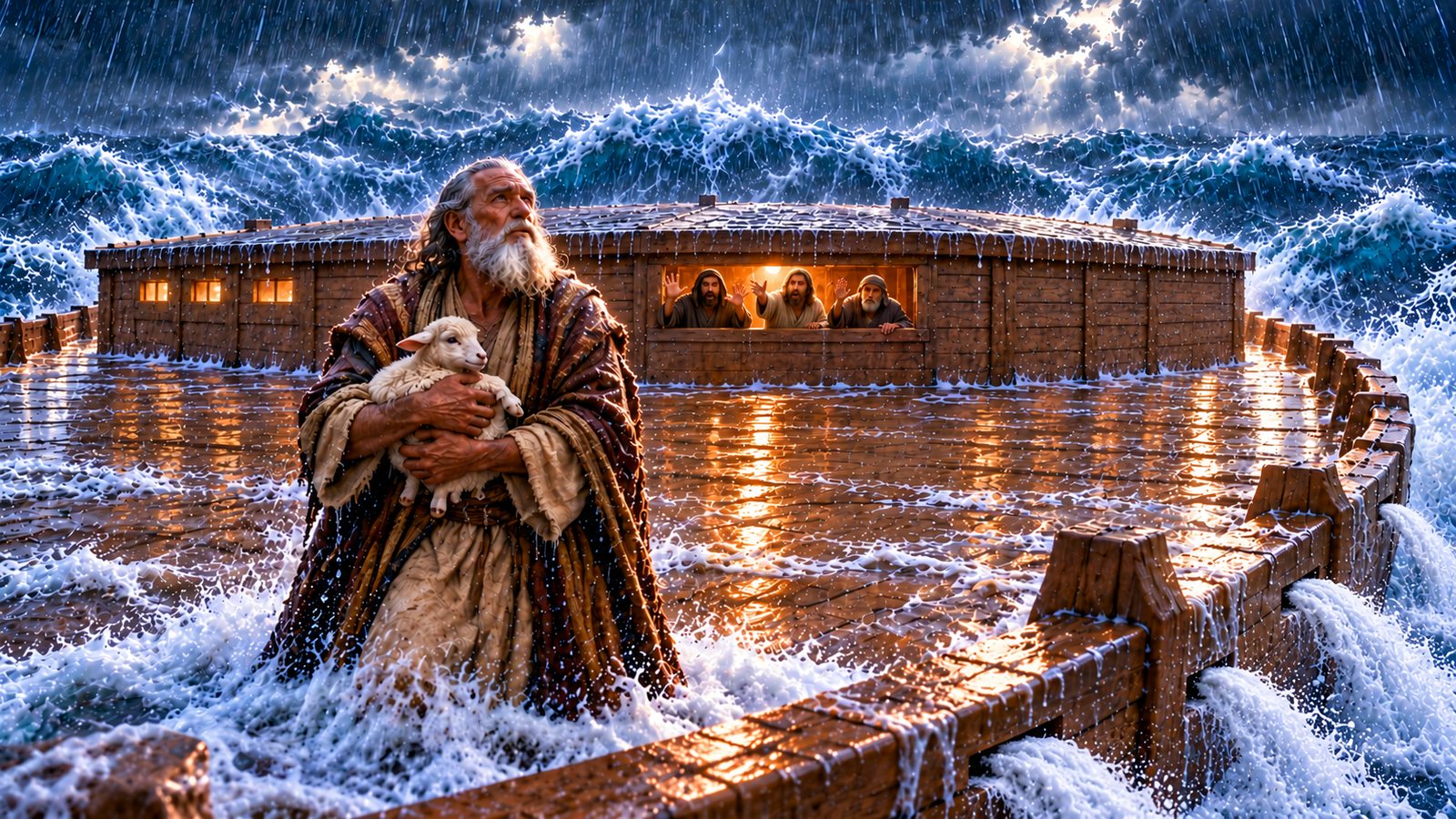Noah holds a lamb on the storm-lashed deck of the wooden ark as towering waves crash around it, while his sons and their wives look out from the warmly lit doorway of the ark's cabin