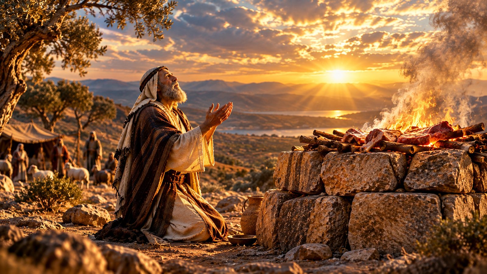 A patriarch kneels in prayer before a stone altar with a burning offering at sunset, with tents and flocks on the hillside behind him