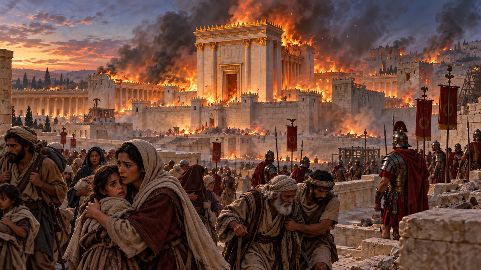 Judean families flee as the Temple burns and Roman soldiers occupy the surrounding courts