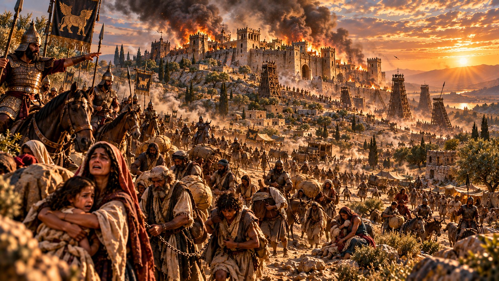 Assyrian soldiers in scale armor and crested helmets on horseback guard a long column of Israelite captives, with a weeping mother clutching a child and men in chains carrying bundles, as siege towers stand before a burning walled hilltop city under a smoky sunset sky