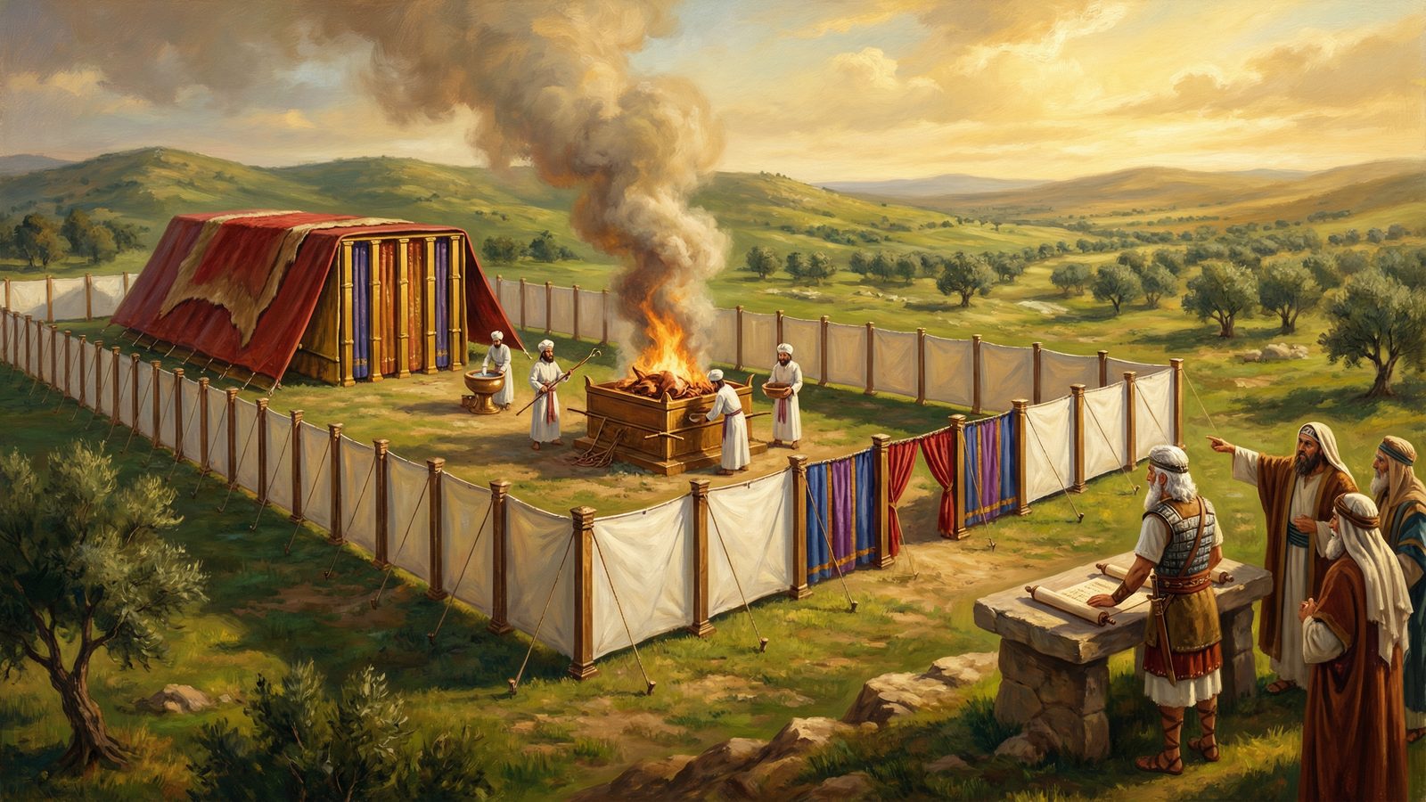The Tabernacle at Shiloh in the hills of Ephraim: priests at the bronze altar and basin in the courtyard while Joshua stands at a stone table with a scroll before Israel's elders