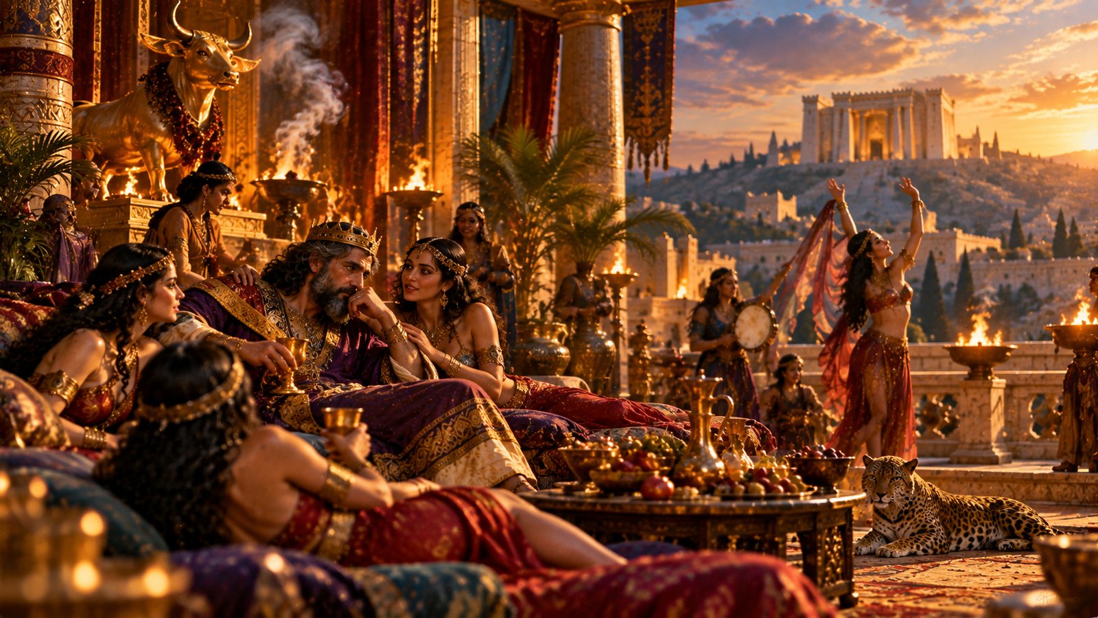 A crowned and bearded King Solomon reclines on cushions among richly dressed women with wine cups and fruit, while a golden bull stands among burning bowls and rising smoke on his left, a woman dances with a tambourine, and the Temple glows on a hill in the sunset behind
