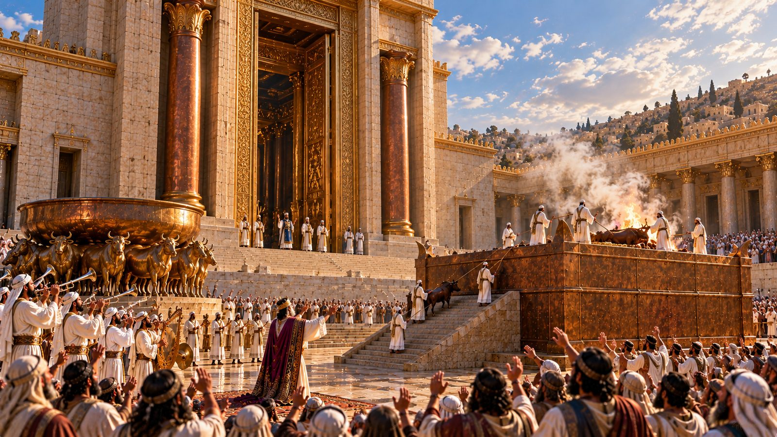 The people of Israel gather to worship at Solomon's Temple in Jerusalem, with priests at the great bronze altar and the bronze Sea