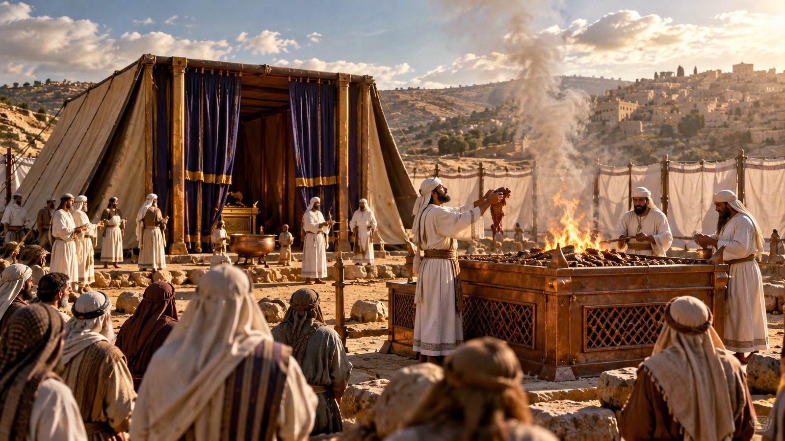 Priests in white linen offer a burnt offering on the large bronze altar with flames and smoke rising, before the Tabernacle's curtained tent at Gibeon, while worshipers watch from the foreground and a hillside city rises in the distance
