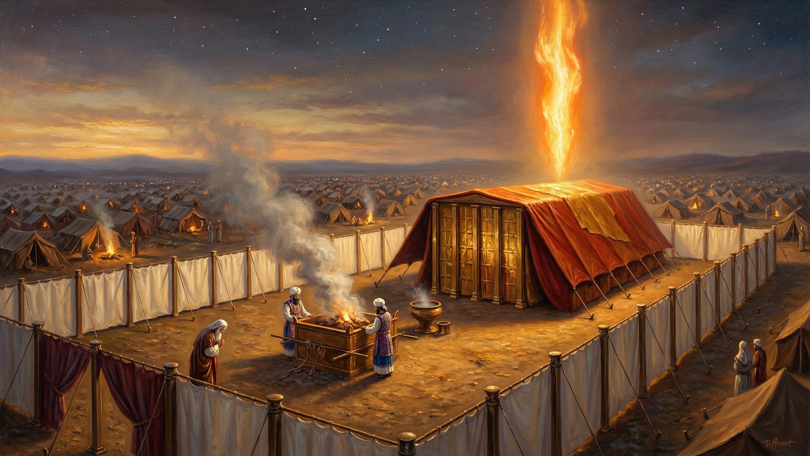 The Tabernacle in the wilderness at night: priests at the bronze altar in the courtyard, the basin nearby, the red tent of meeting, and a pillar of fire rising over the camp of Israel