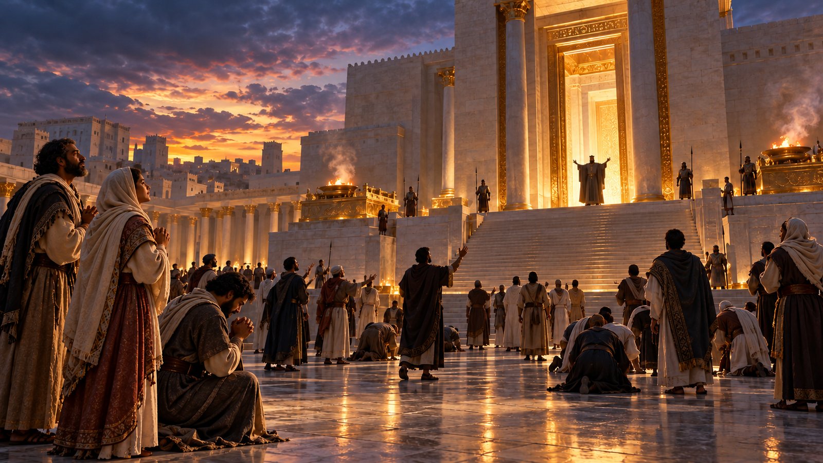 An anonymous ruler stands at a proposed future sanctuary while people face a conflict over worship