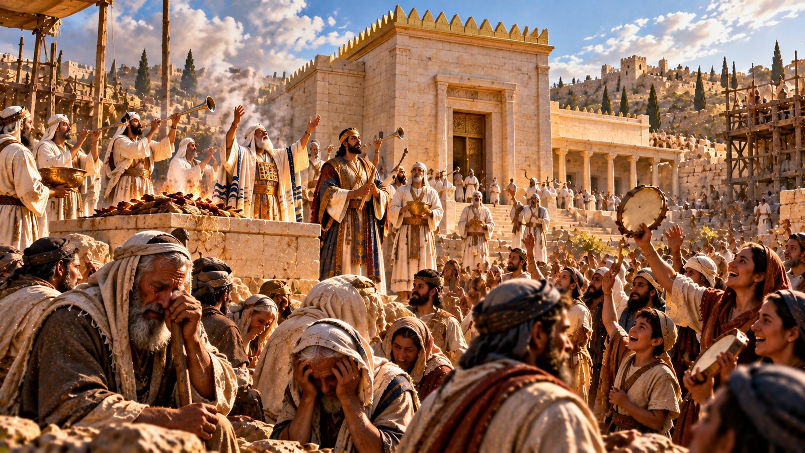 Priests with trumpets and a leader in a dark robe stand beside a stone altar before a pale stone Temple under construction, as elderly men weep with hands over their faces in the foreground while younger families laugh and raise tambourines behind them
