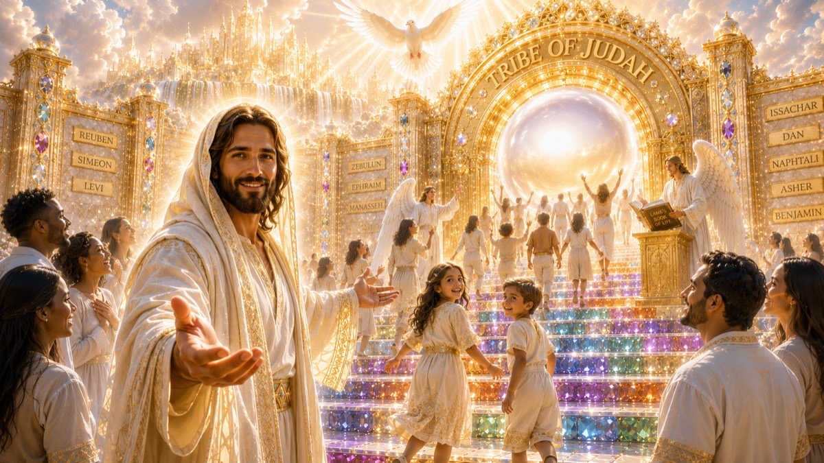 Jesus welcoming worshipers before the pearl gates of the New Jerusalem, the tribes of Israel inscribed on the gateposts