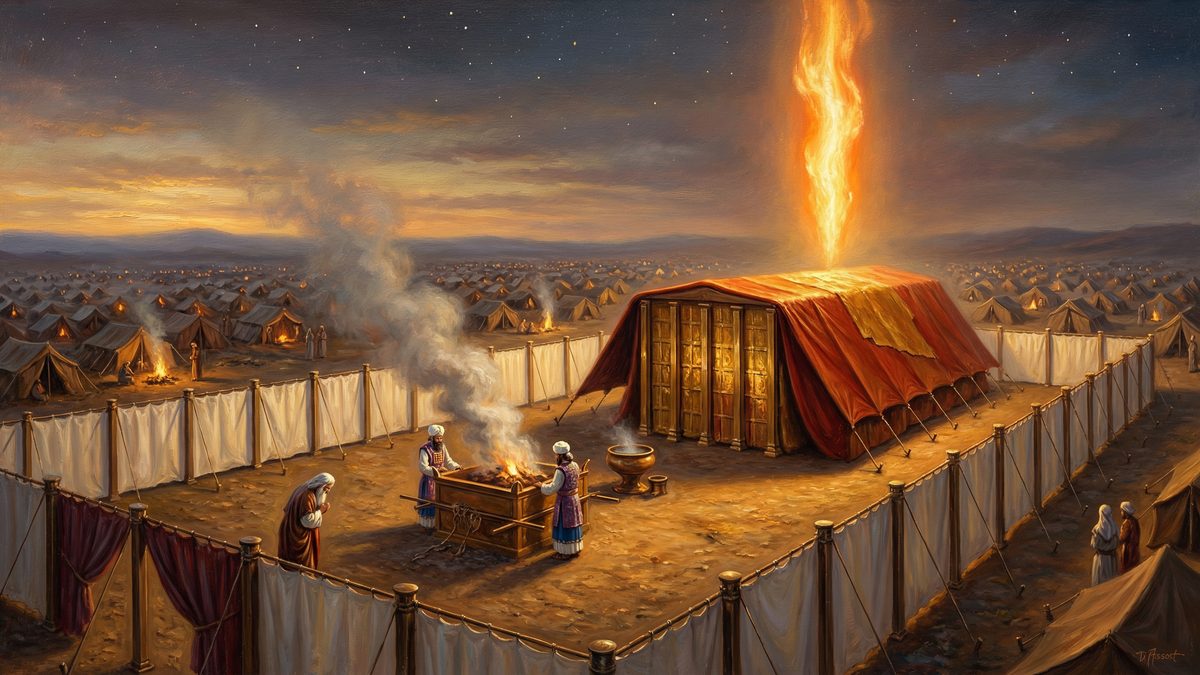 Moses' Tabernacle in the wilderness, the fire and cloud of God's presence resting on it
